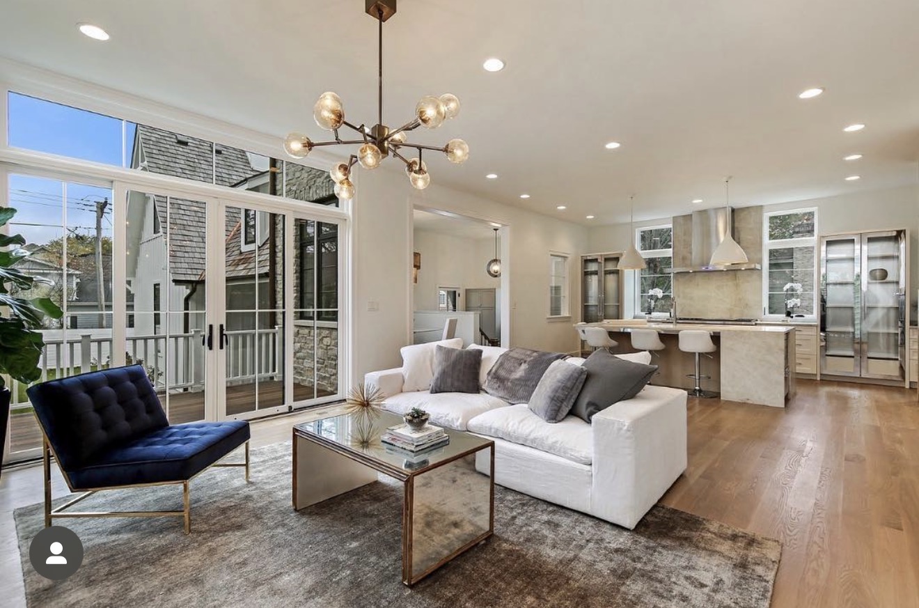 Open living and kitchen space overlooking the garden